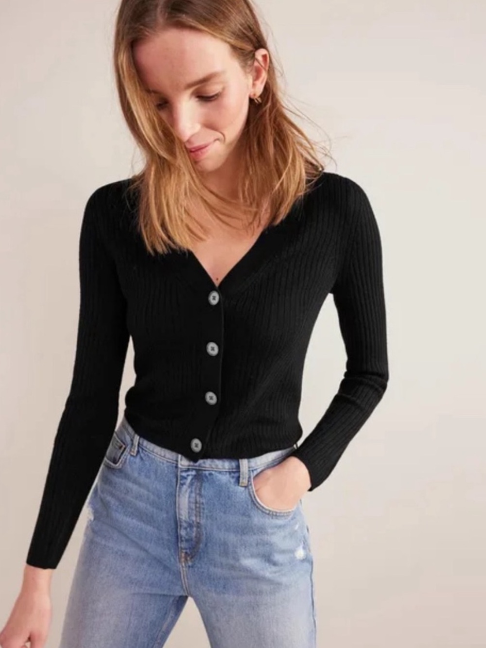 Boden Ribbed Merino V Cardigan Sweater Black Fall Winter Minimalist